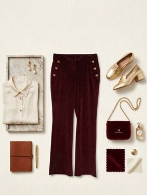 Maison d' Amelie Paris French Burgundy Velvet Velour Flared Leg Pants Size 8